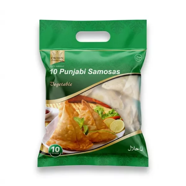 A professional studio photograph of a Crown brand green and white frozen food package containing 10 Punjabi Vegetable Samosas, centered and sharply focused on a clean white background. PRODUCT TITLE: Crown Punjabi Vegetable Samosas 10 Pack