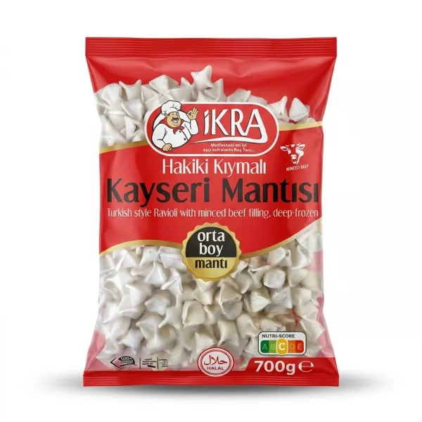 Enhanced Front of Ikra Kayseri Manti beef ravioli 700g frozen pack
