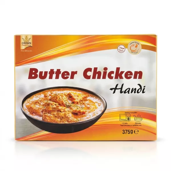 Enhanced Front packaging of Crown Butter Chicken Handi ready meal 375g with special offer sticker