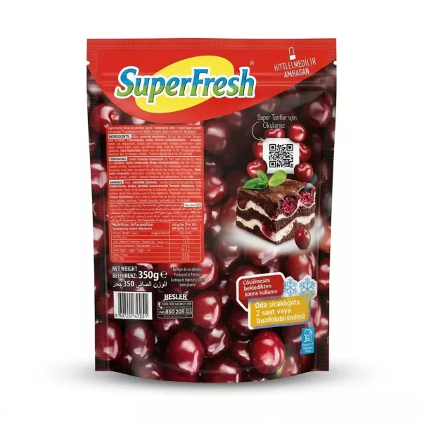 Enhanced Back of SuperFresh Frozen Sour Cherries pack with ingredients and nutrition info