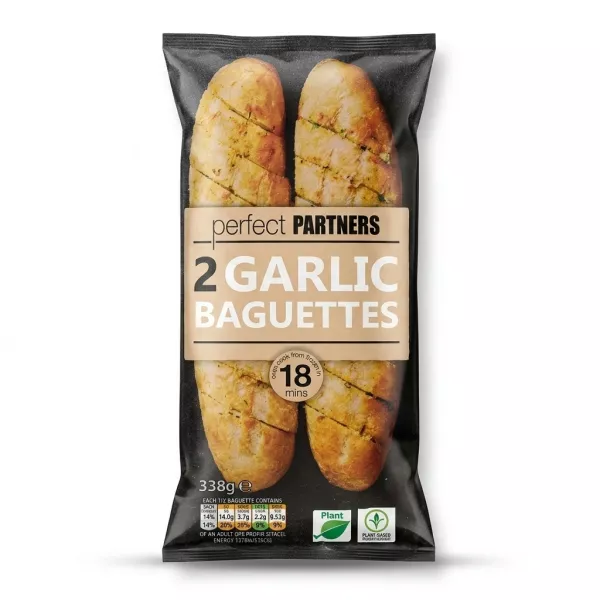 Enhanced Front packaging of Perfect Partners 2 Garlic Baguettes with product details