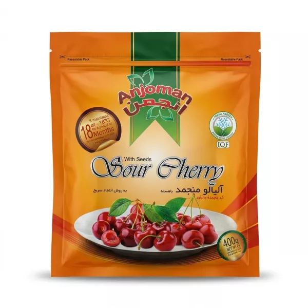 A 400-gram resealable pouch of Anjoman Frozen Sour Cherries with Seeds on a clean white background. This professional e-commerce shot highlights the product's packaging and features clear branding and product details.