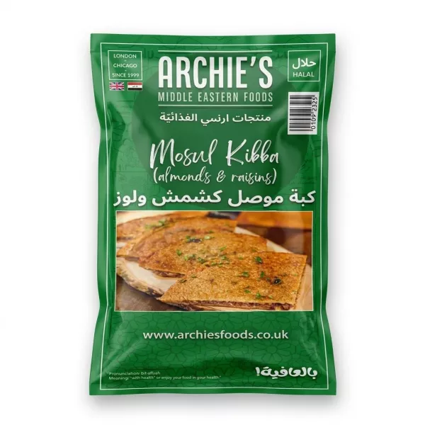 Enhanced Front packaging of Archie's Mosul Kibba Almonds & Raisins frozen meal