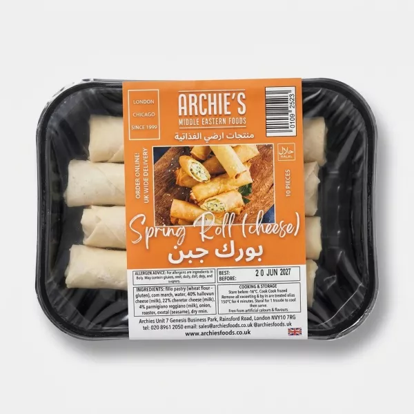 Enhanced Pack of Archie's Middle Eastern Foods Cheese Spring Rolls held in hand, price label visible.