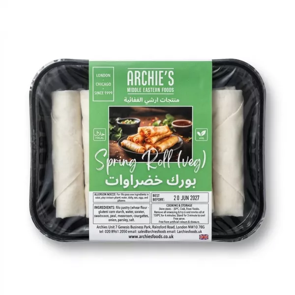 Enhanced Archie's Veg Spring Roll pack held in hand in grocery store aisle