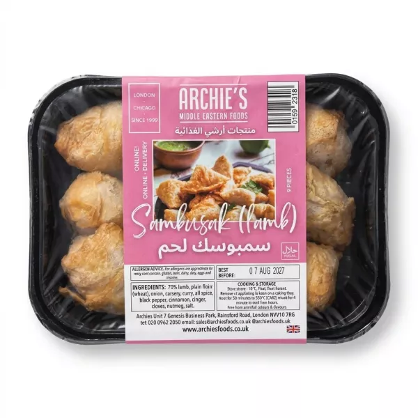 A 9-piece pack of Archie's Lamb Sambusak, ready-to-bake middle eastern pastry, displayed in clear plastic packaging with a pink label.