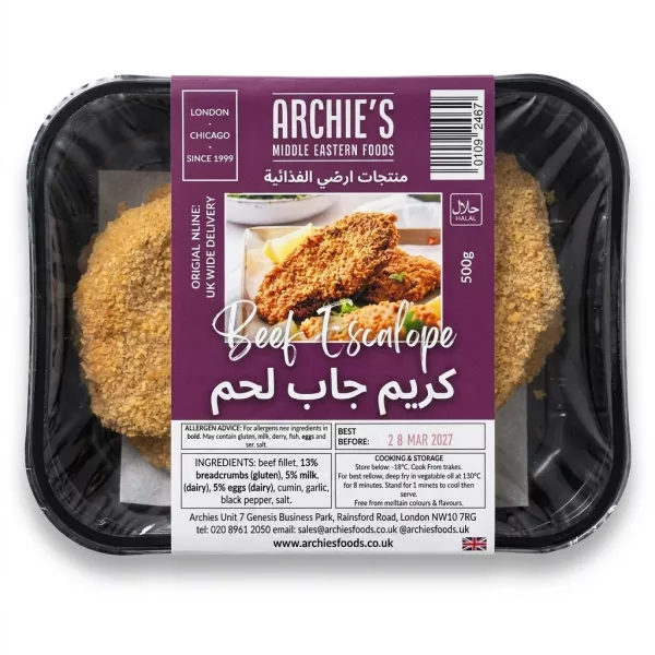 Enhanced Archie's Beef Escalope 500g halal ready meal pack with ingredients and cooking instructions visible