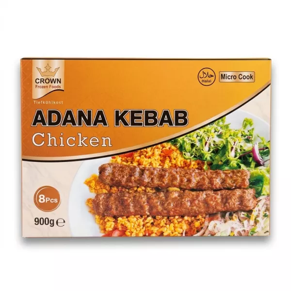 Enhanced Front packaging of Crown Chicken Adana Kebab with food display