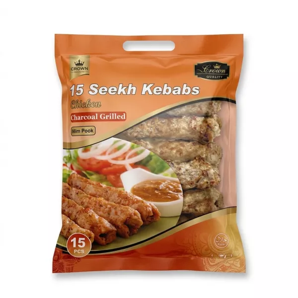 Enhanced Front of Crown 15 Chicken Seekh Kebabs frozen pack