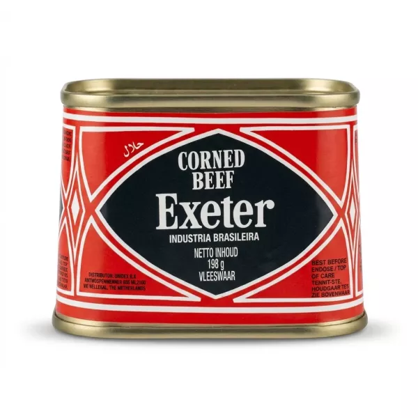 A 198g can of Exeter brand Corned Beef, labeled as "INDÚSTRIA BRASILEIRA" and featuring a Halal certification mark. The tin has a red, black, and gold design and is set against a clean, white background for a professional e-commerce product shot.