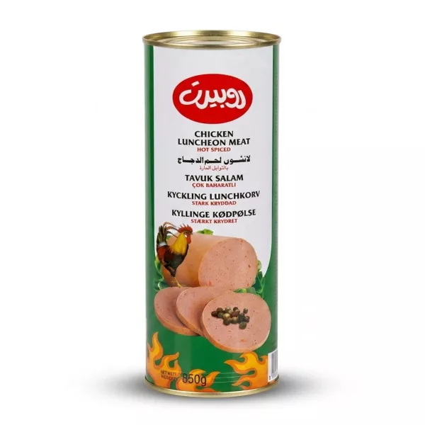 Enhanced Arabic-labelled Chicken Luncheon Meat Hot Spiced can front