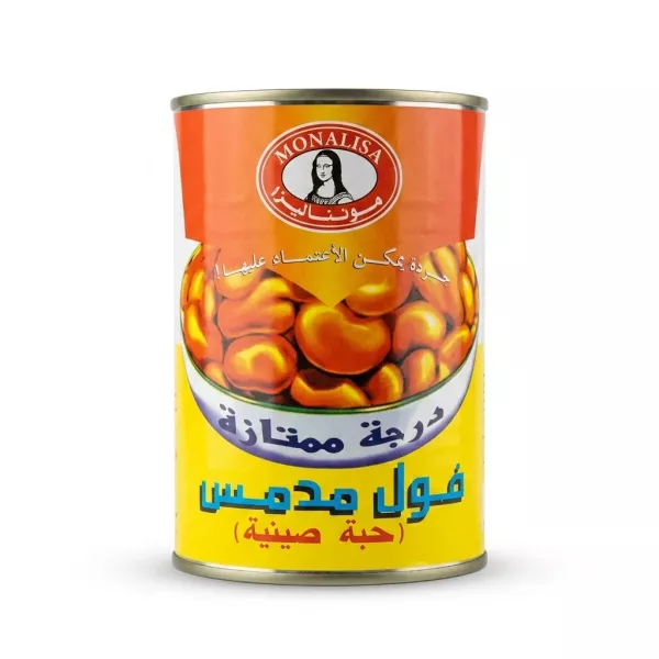 A can of Monalisa Foul Medammes Chinese Beans with Arabic labelling, featuring the Monalisa portrait and a graphic of cooked fava beans against a red and yellow background. Product Title: Monalisa Foul Medammes Chinese Beans