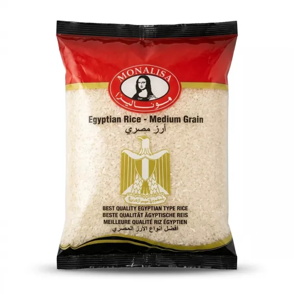 Enhanced Front view of Monalisa Egyptian Medium Grain Rice 2kg bag