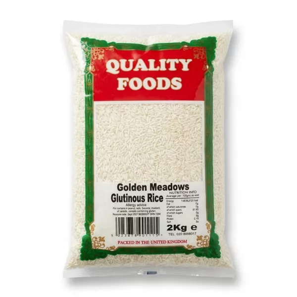 ** A 2kg clear bag of Quality Foods Golden Meadows Glutinous Rice with a prominent red and green label, showing the product inside. All branding and nutritional information are clearly visible in professional studio lighting against a clean white background.