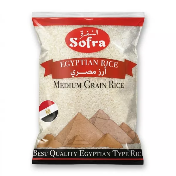Enhanced Front of Sofra Egyptian Medium Grain Rice bag featuring red and white packaging and product information, including a special offer label.