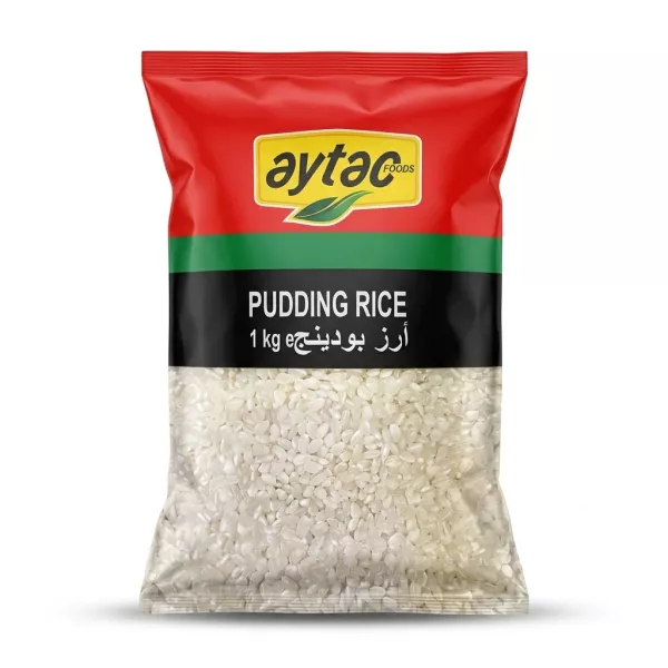 A 1kg package of Aytac Pudding Rice with clear plastic front and red, green, and yellow branding.