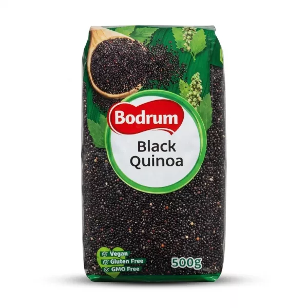 Enhanced Front of Bodrum Black Quinoa 500g pack on store shelf