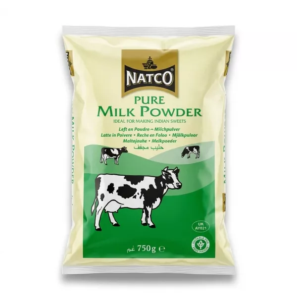 A 750g clear plastic bag containing Natco Pure Milk Powder, with professional branding and cow graphics, presented against a clean white background.