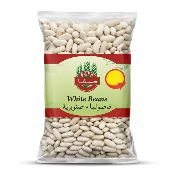 A 1:1 professional e-commerce product image of the Safa White Beans Premium Quality 800g pack, isolated on a clean white background. The front view clearly shows the 'Safa White Beans' label in English and Arabic text.