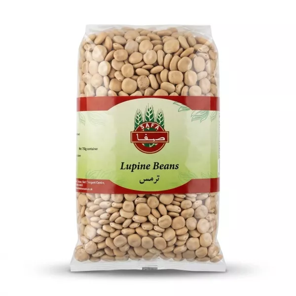 A 1:1 professional e-commerce product photograph of a clear plastic 750g bag of Safa brand Lupine Beans (Tirmis), isolated on a pure white background with soft, symmetrical shadows. The central label features the Safa logo, wheat stalks, and text in English and Arabic, without any price tags or store branding.
