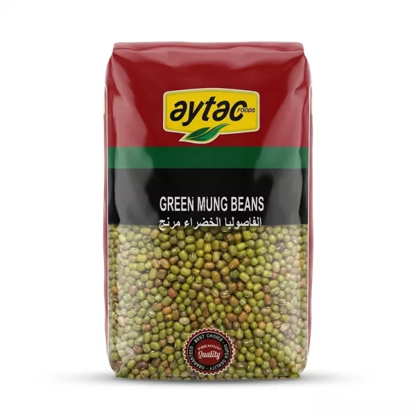 Enhanced Front view of Aytac Green Mung Beans 1kg pack held in hand