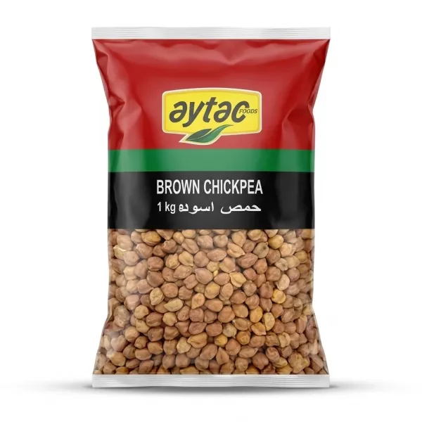 Enhanced Front of Aytac Brown Chickpea 1kg packet held in grocery store