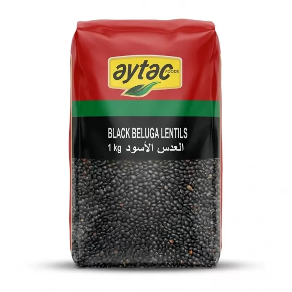 Enhanced Front view of Aytac Black Beluga Lentils 1kg bag