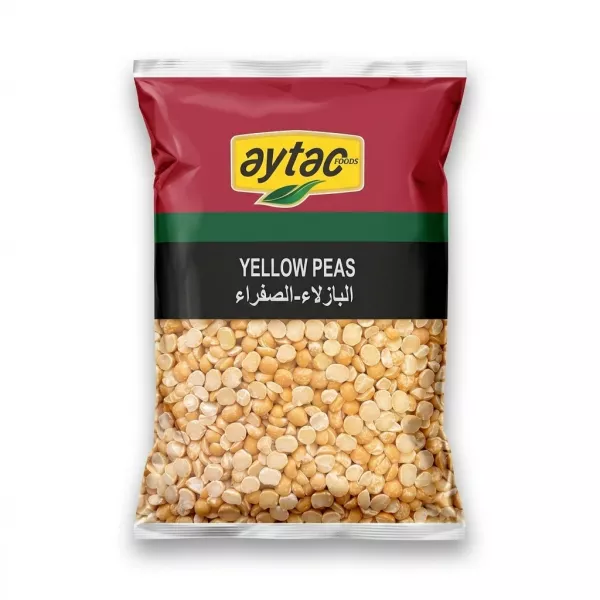 A clear plastic value pack of Aytac brand dried yellow split peas, showing the contents and the label with English and Arabic text, centered against a clean white background with a soft shadow.
