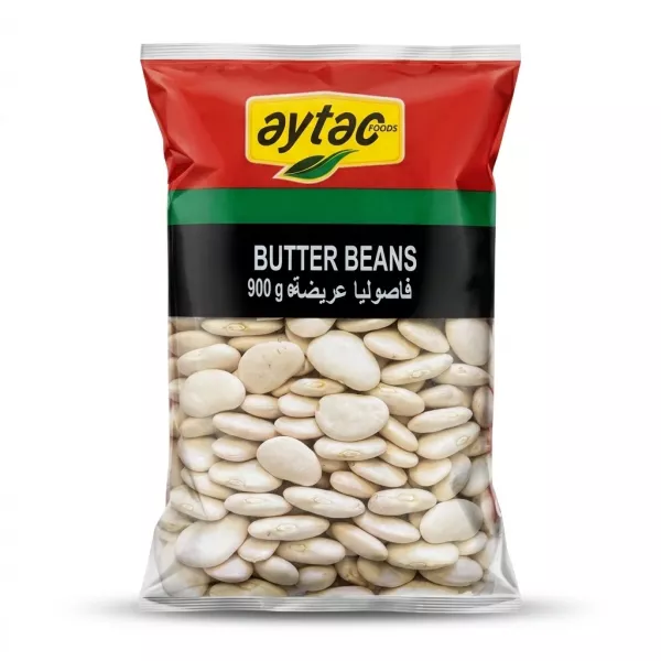 Enhanced Front of Aytac Butter Beans 900g bag held in hand