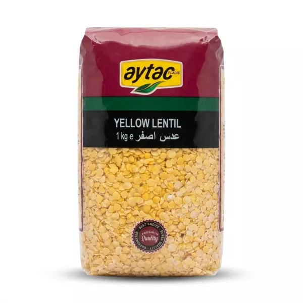 A professional e-commerce product photograph of a 1kg clear plastic pack of Aytac Yellow Lentils, featuring the branding, a 'Premium Quality' badge, and the 1kg e weight.