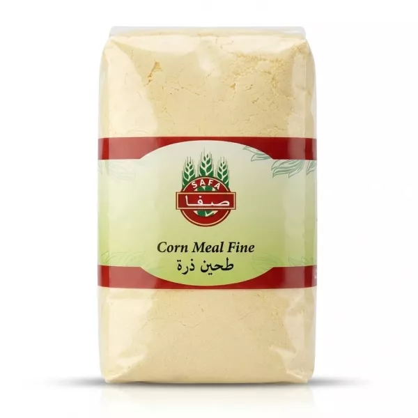 Enhanced Front view of Safa Corn Meal Fine 800g pack held in a grocery aisle
