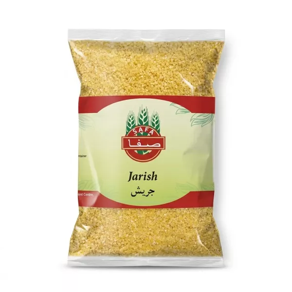 A 1:1 professional e-commerce product photograph features a clear plastic bag of Safa Jarish Cracked Wheat (800g), centered against a pure white background. The packaging is free of any tags or stickers, showing the central logo and text in perfect focus with soft, even studio lighting.