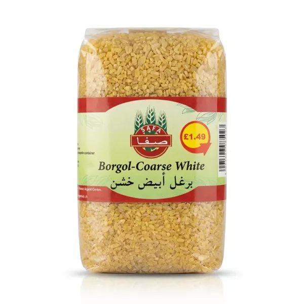 A 800g clear plastic package of Safa Borgol-Coarse White bulgur wheat, showing the textured yellow grains inside. The red and green label clearly displays the brand name, product name in English and Arabic, and a £1.49 price. The product is centered and sharply focused on a clean white background with a soft, even shadow.