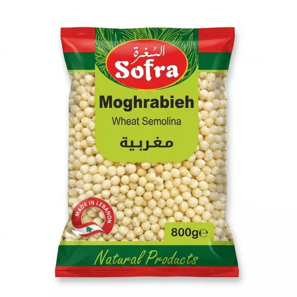 Enhanced Front view of Sofra Moghrabieh Wheat Semolina 800g package