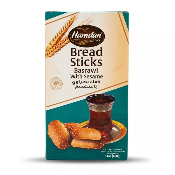 Enhanced Front of Hamdan Bread Sticks Basrawi With Sesame 400g box