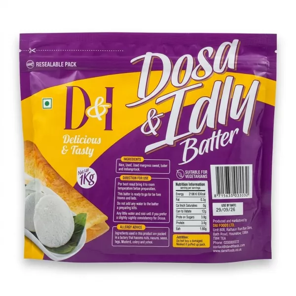 [Front view of a purple and yellow resealable pouch of D&I Dosa & Idly Batter, a 1kg suitable for vegetarians mix, presented on a plain white background with professional studio lighting.]