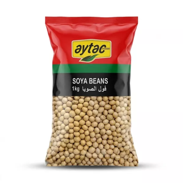 Enhanced Front view of Aytac Soya Beans 1kg pack on store shelf