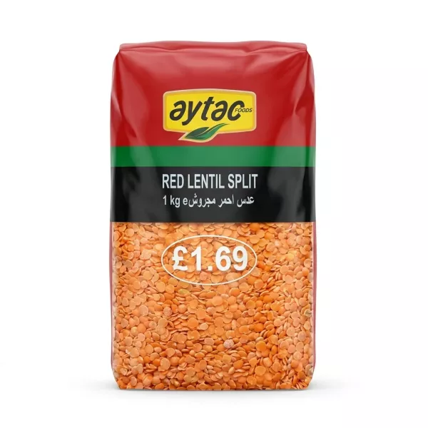 Enhanced Front of Aytac Red Lentil Split 1kg pack with price label