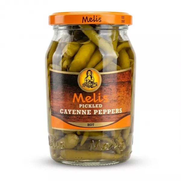 Enhanced Front view of Melis Pickled Cayenne Peppers jar, 330g net