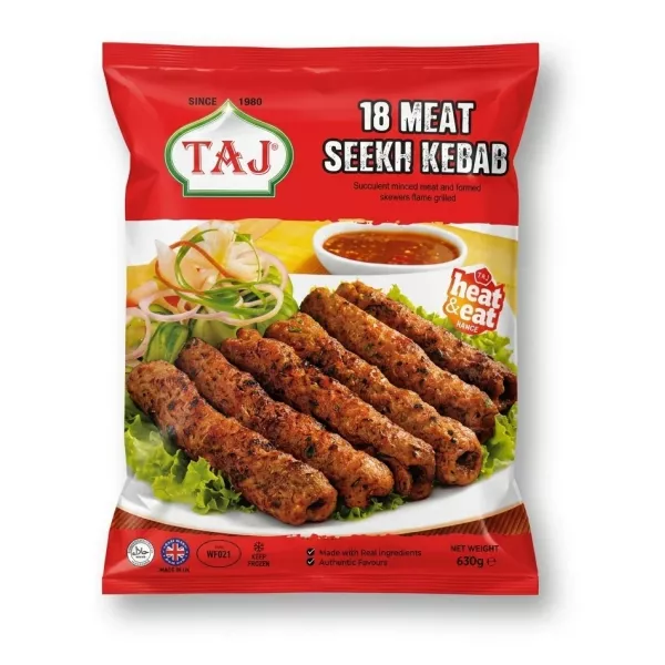 Enhanced Front of TAJ 18 Meat Seekh Kebab 630g frozen pack featuring grilled kebabs and salad