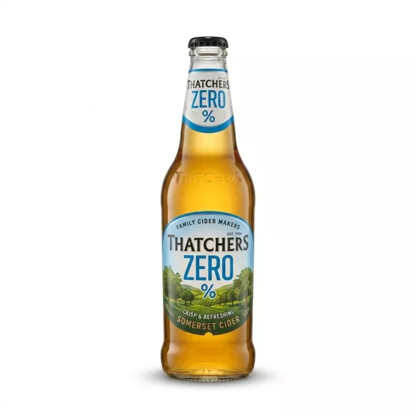 Enhanced Front of Thatchers Zero Somerset Cider 500ml bottle held in hand