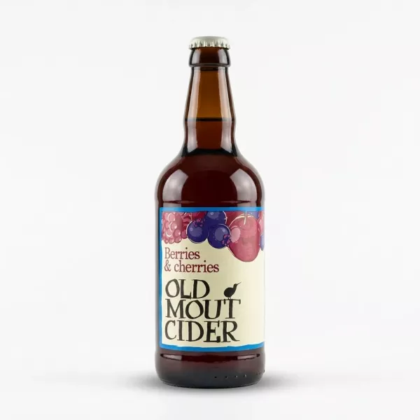 Enhanced Front of Old Mout Cider Alcohol Free Berries & Cherries 500ml bottle held in hand