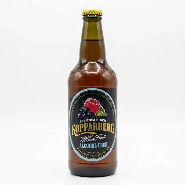 Enhanced Front of Kopparberg Mixed Fruit Alcohol-Free Cider 500ml bottle held in hand