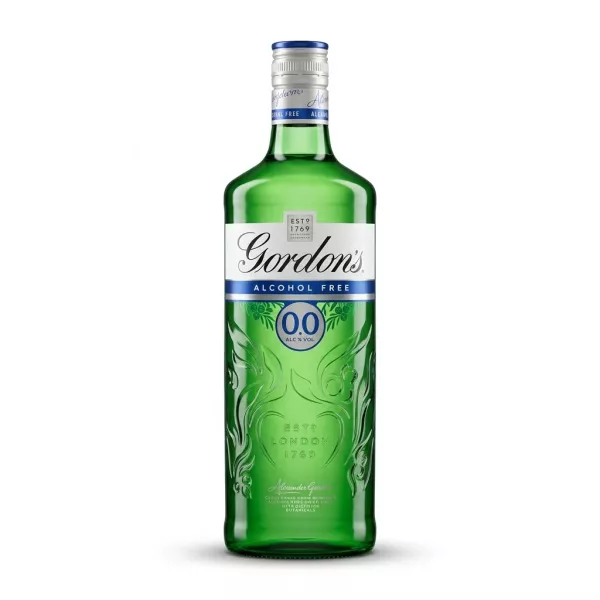 Enhanced Front of Gordon's Alcohol Free 0.0% 70cl bottle in hand