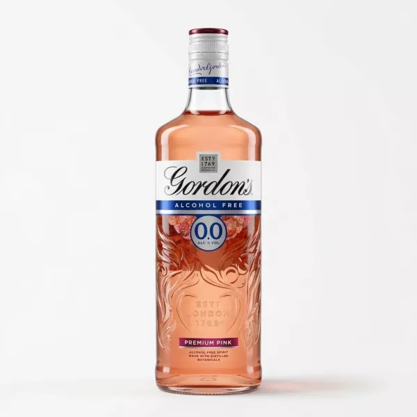 Enhanced Front of Gordon's Alcohol Free Premium Pink 70cl bottle held in hand