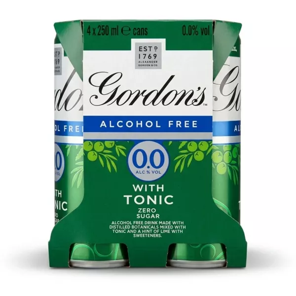 A 4-pack of Gordon's Alcohol Free with Tonic 0.0% Vol 250ml cans, showing the green and white cardboard packaging, presented in a clean 1:1 format.