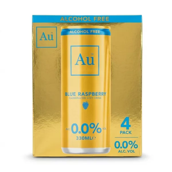 Enhanced Front box view of Au Blue Raspberry Alcohol Free 4 Pack, gold and blue design