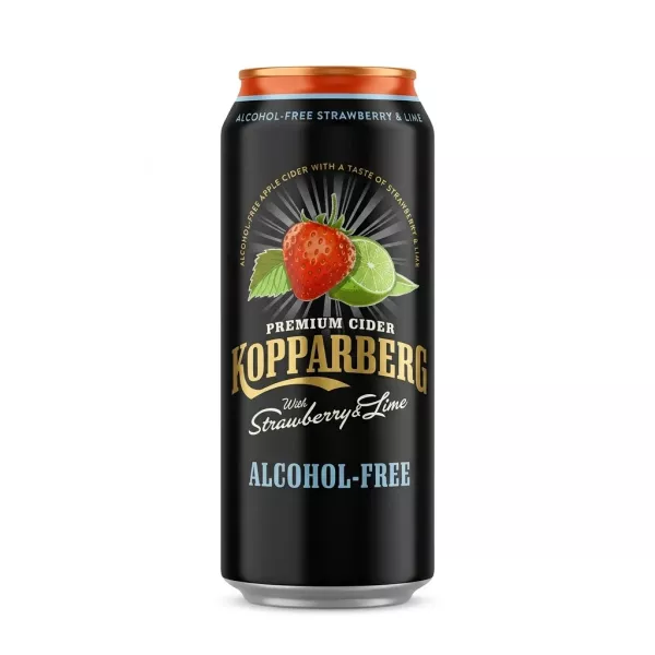 Enhanced Kopparberg Alcohol-Free Cider can with strawberry and lime design front view