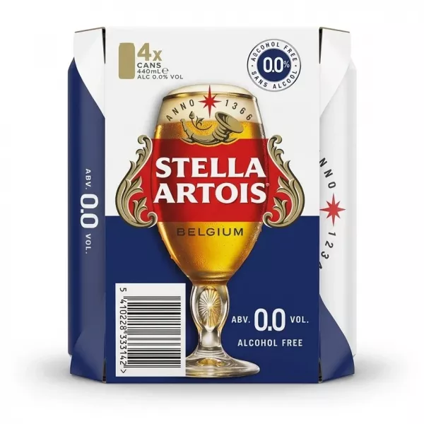 Enhanced Stella Artois Alcohol Free Lager 4x440ml pack front view