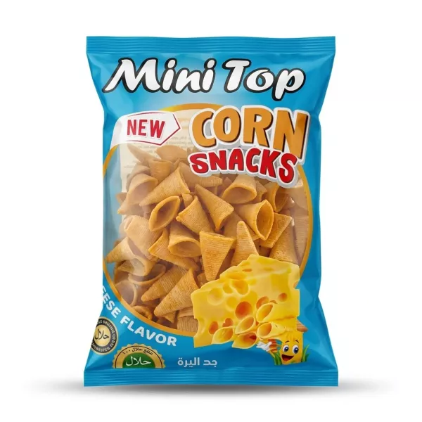 Enhanced Front of Mini Top Corn Snacks Cheese Flavour 200g bag with cheese